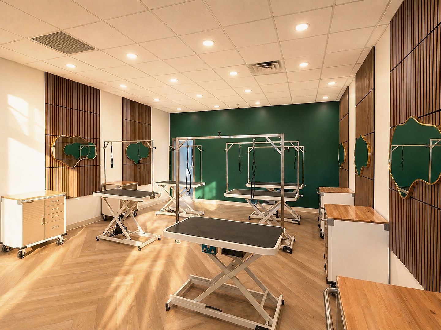 A PawSnickety grooming room: wood acoustic wall panels, gold-framed mirrors and grooming tables in afternoon sun