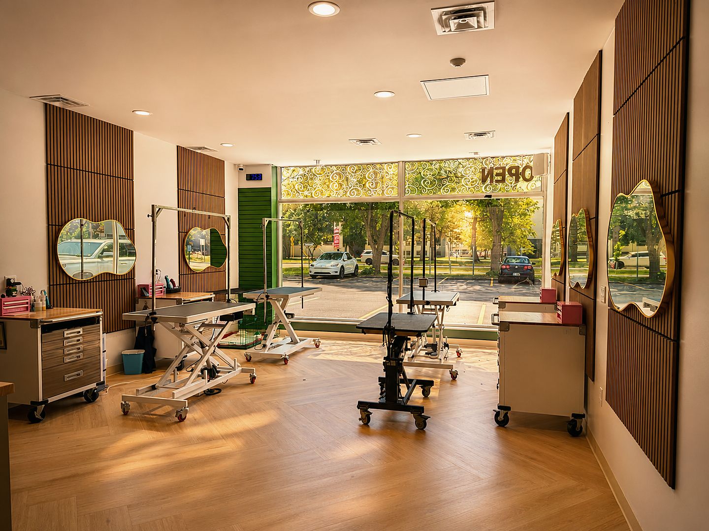 Grooming room lit by large front windows, with wood slat panels and gold-framed mirrors